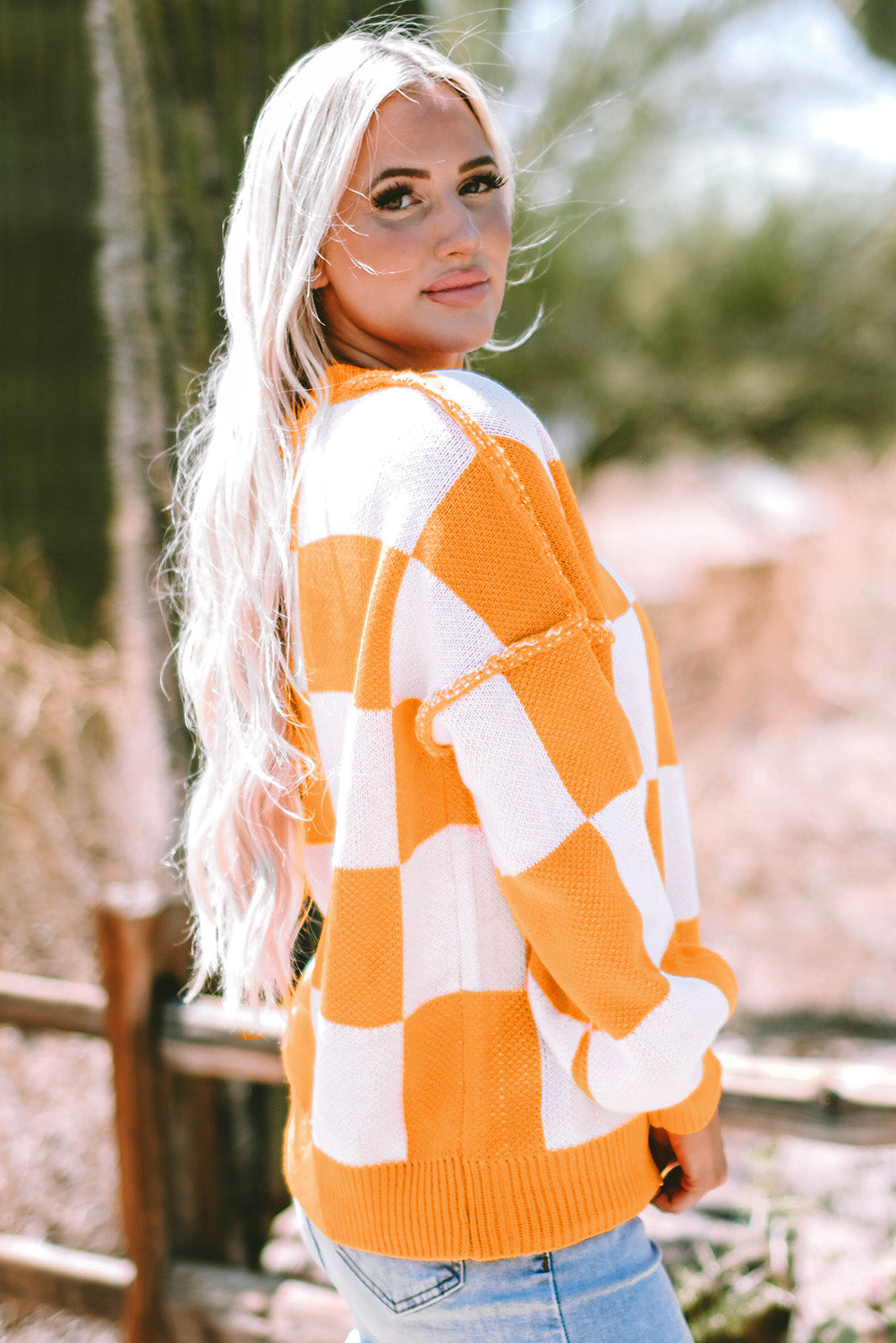 Ashley Checkered Bishop Sleeve Sweater-4