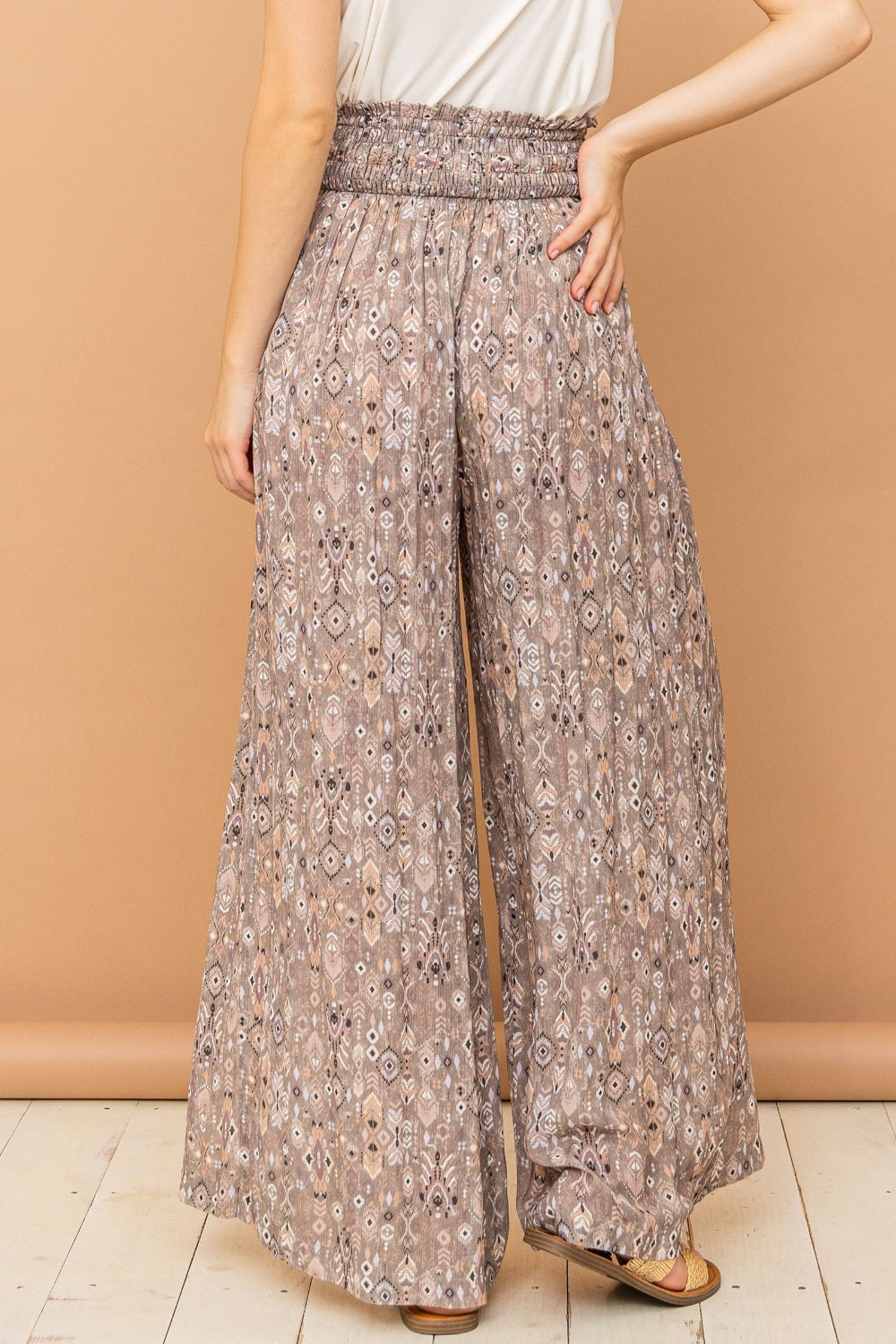 And The Why Printed Smocked Waist Slit Wide Leg Pants-1