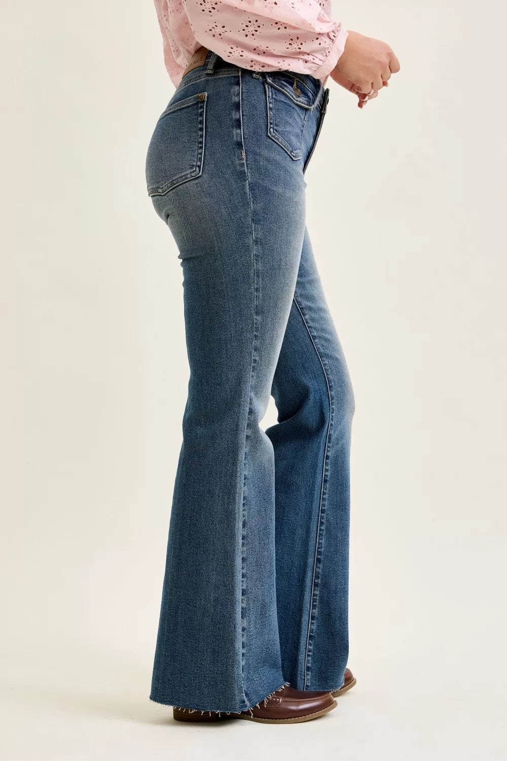 Judy Blue Mid Rise Flare Jeans with Front Flap Pockets-1