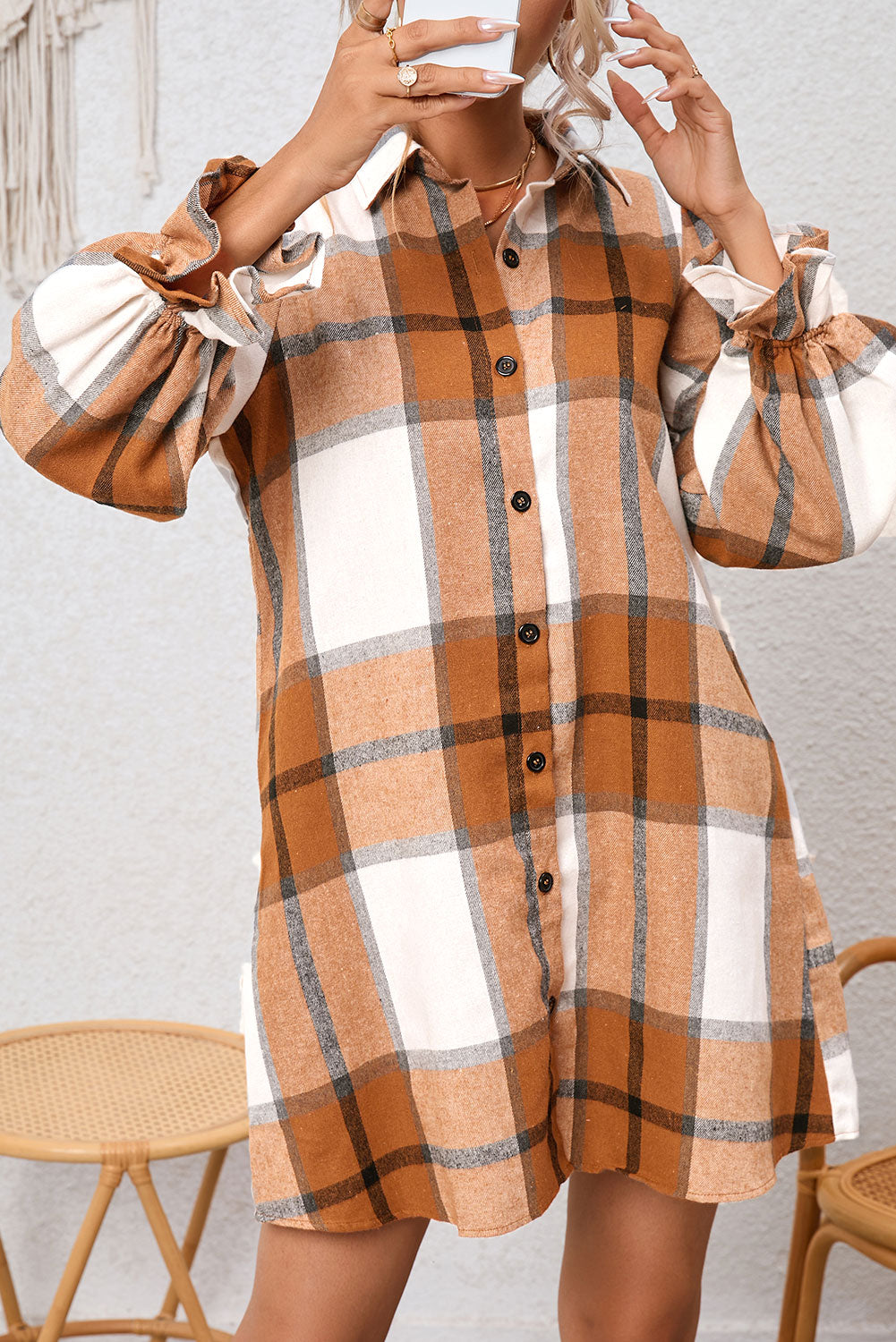 Elise Plaid Pattern Collared Neck Ruffled Sleeve Shirt Dress-2