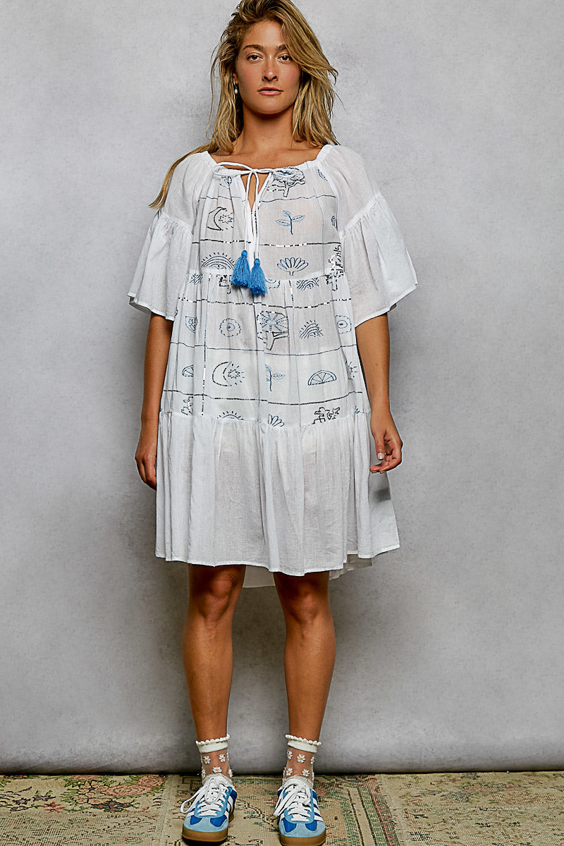 POL Tied Tassel Embroidery Half Flared Sleeve Mini Dress-4