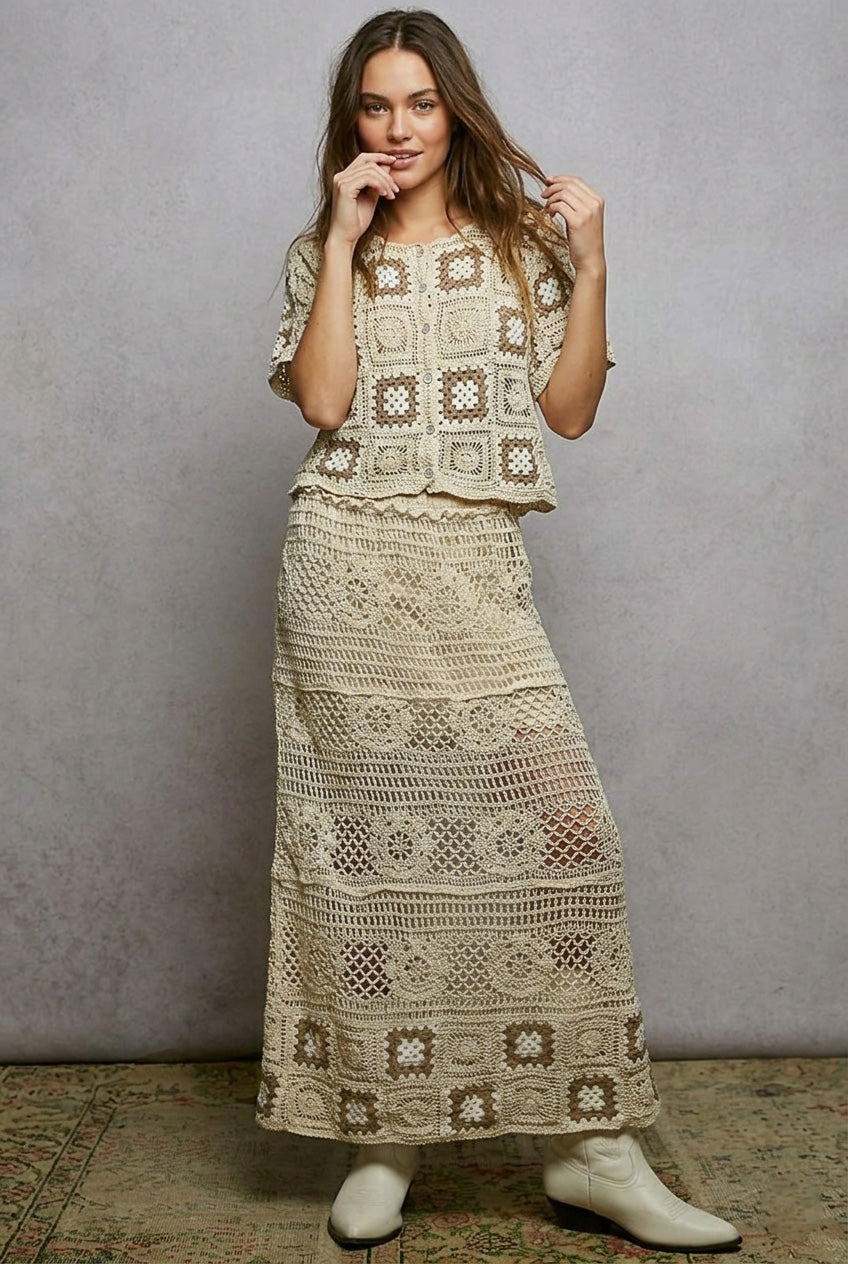 POL Floral Crochet Ruffled Waistband Maxi Skirt with Granny Square Weave-2