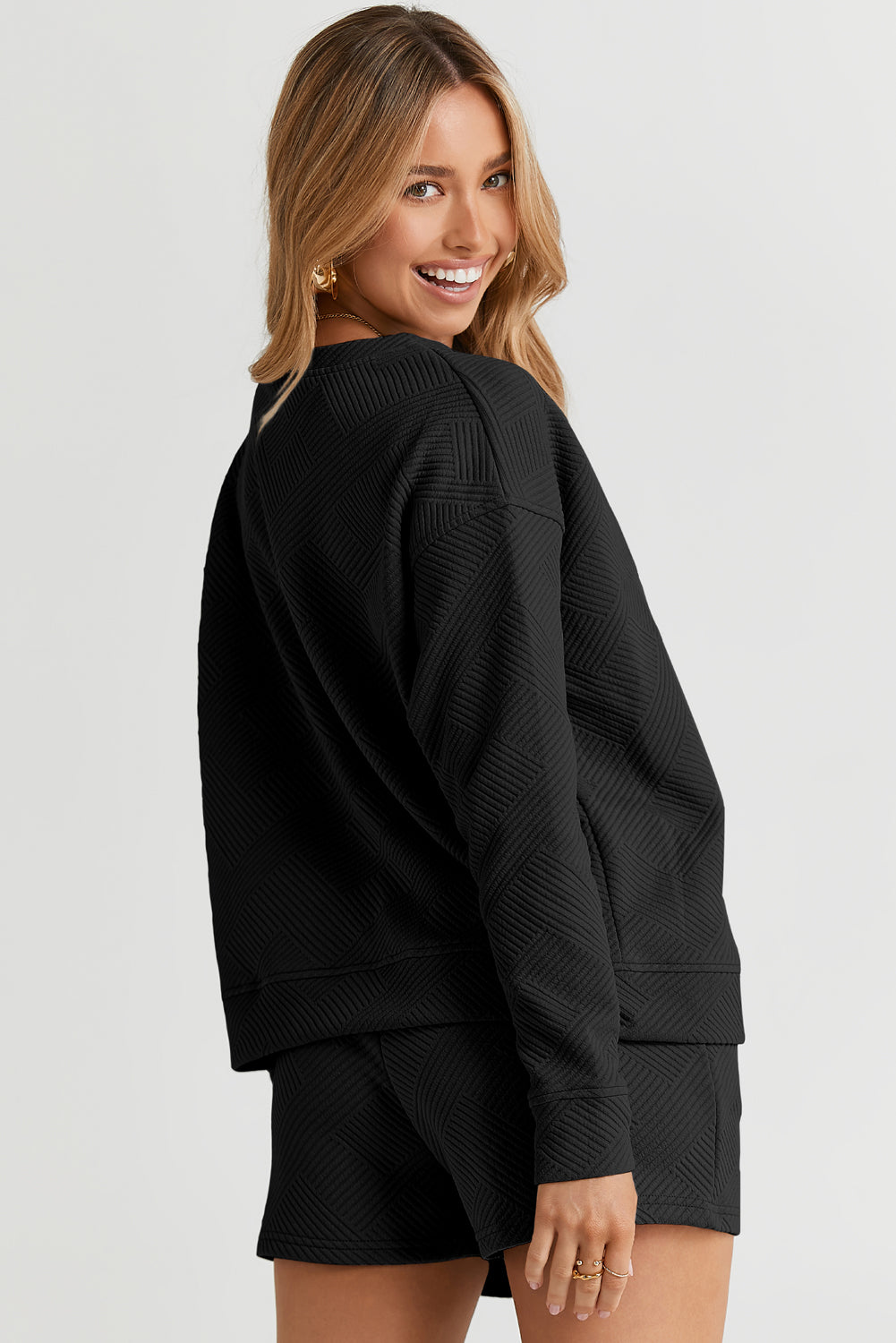 Adalyn Textured Long Sleeve Top and Drawstring Shorts Set-1