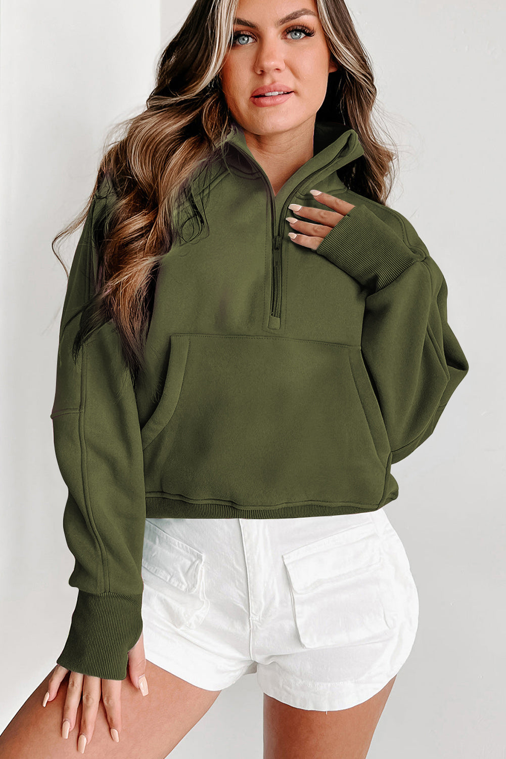 Green Fleece Lined Zip Up Stand Collar Thumbhole Sleeve Sweatshirt