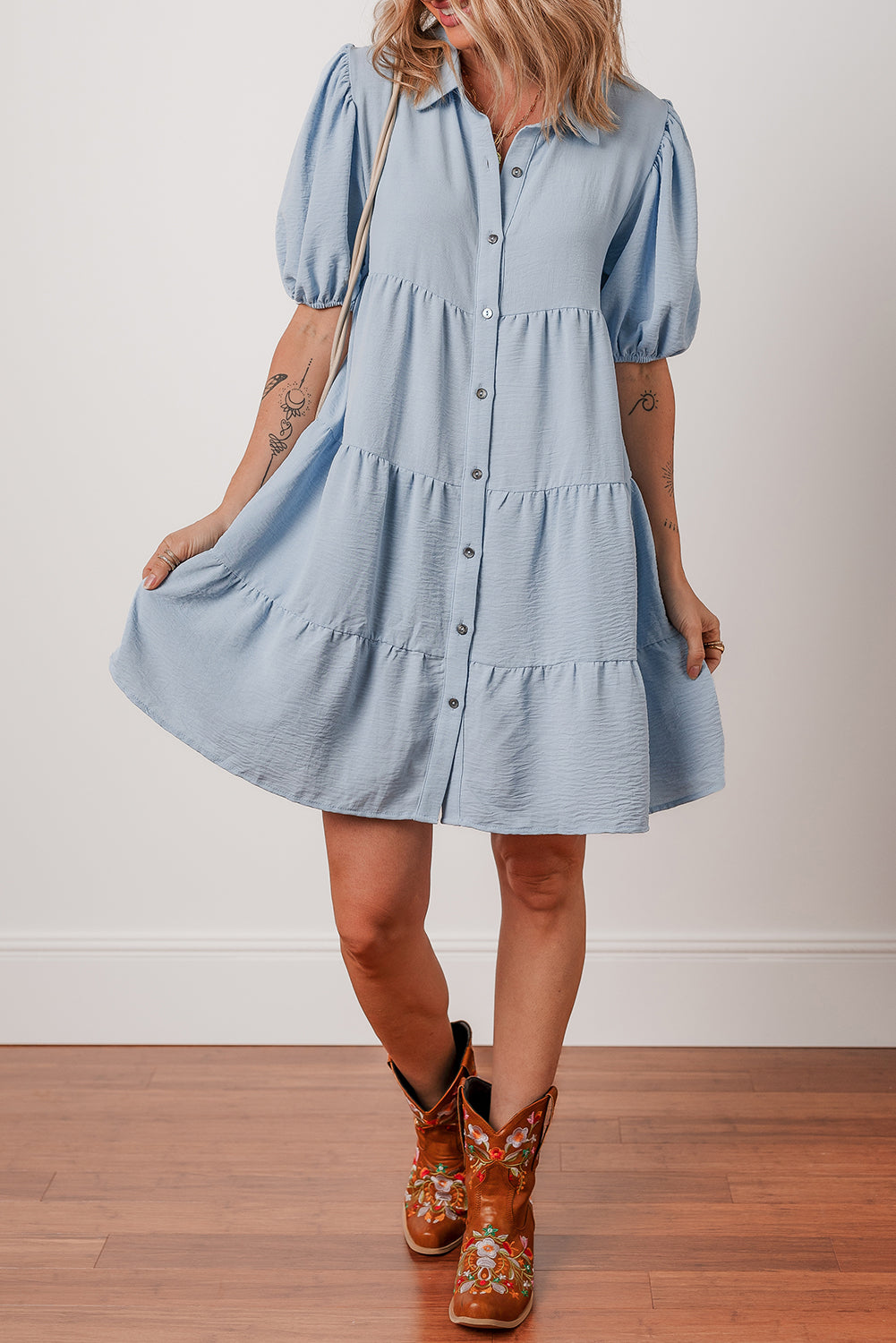 Arya Shirt Collar Button Up Puff Sleeve Tiered Dress-4