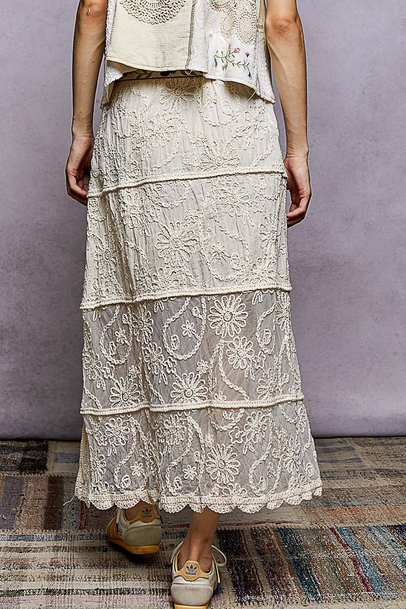 POL Floral Embroidered Tiered Crochet Skirt-2