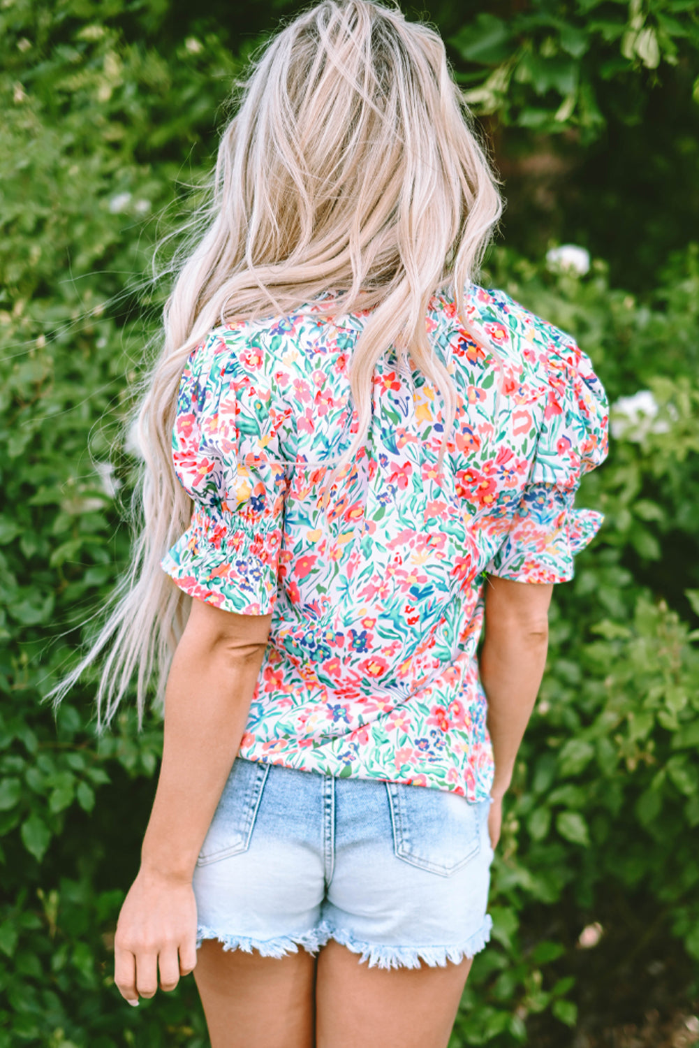 Azaria Floral Print Button Split Neck Puff Sleeve Blouse-1