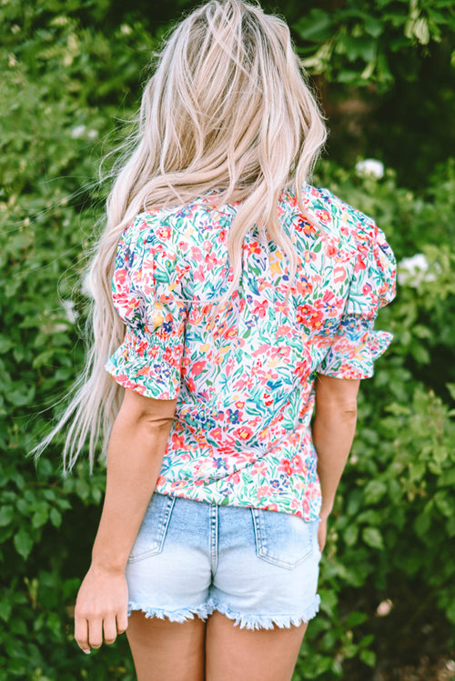 Azaria Floral Print Button Split Neck Puff Sleeve Blouse-1