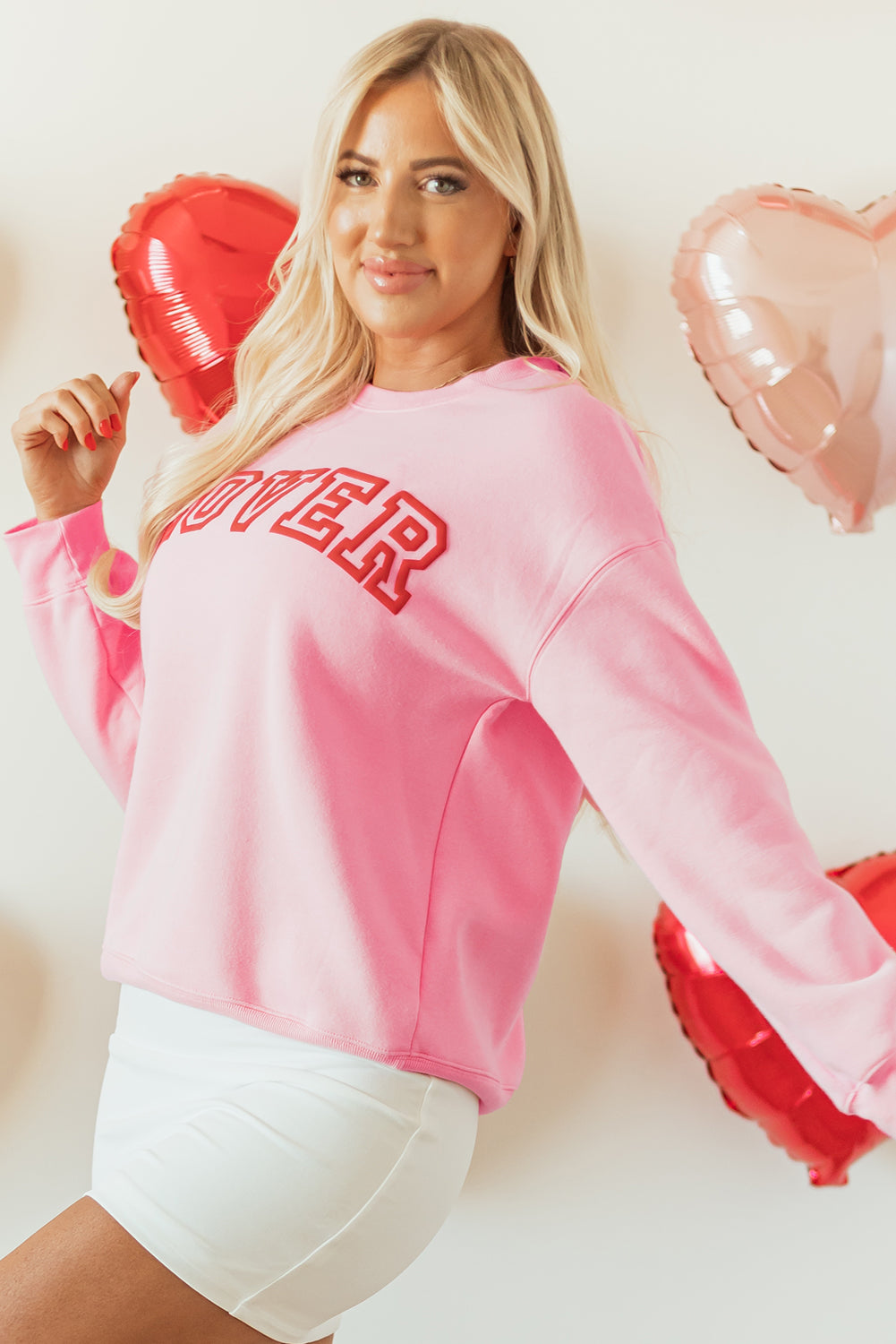 Pink LOVER Puff Print Drop Shoulder Pullover Sweatshirt