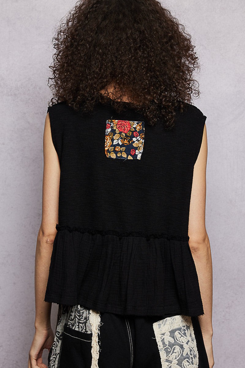 POL Floral Patch Ruffled Sleeveless Top with Raw Edge Detail-3