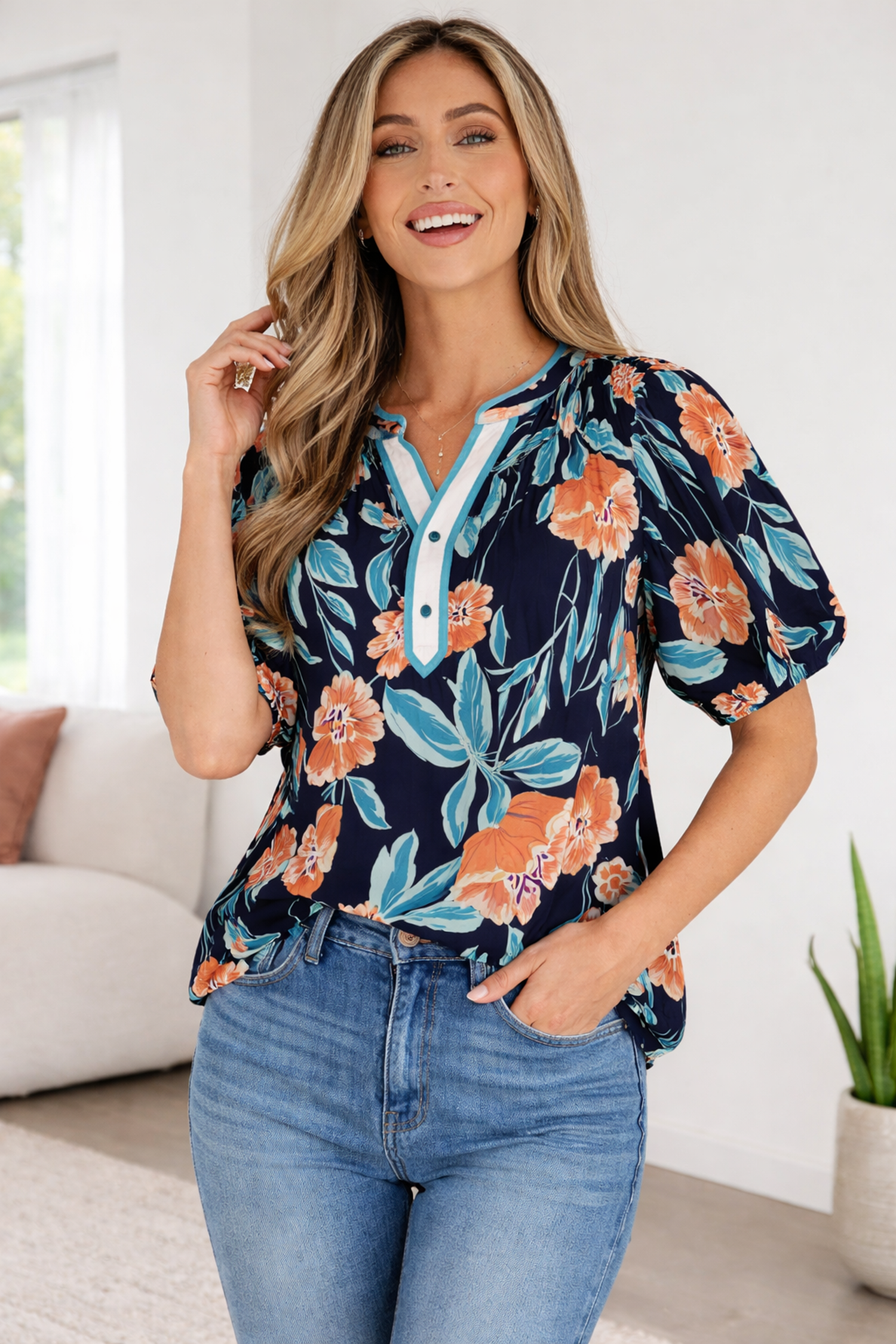 Ila Bubble Sleeve Notched Blouse-0