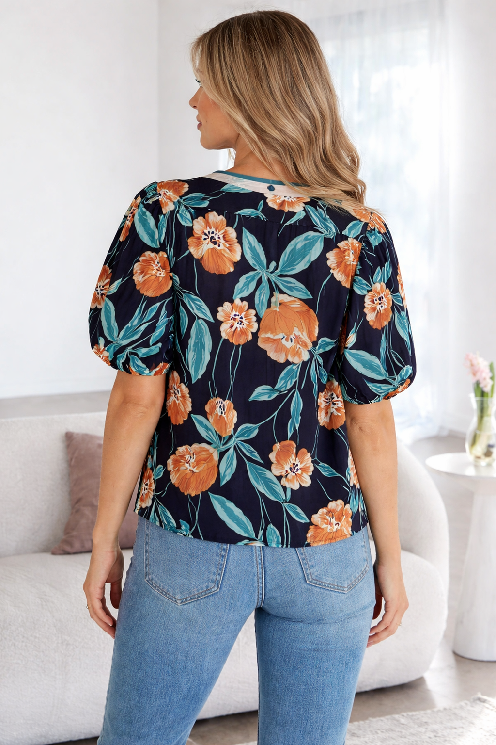Ila Bubble Sleeve Notched Blouse-1