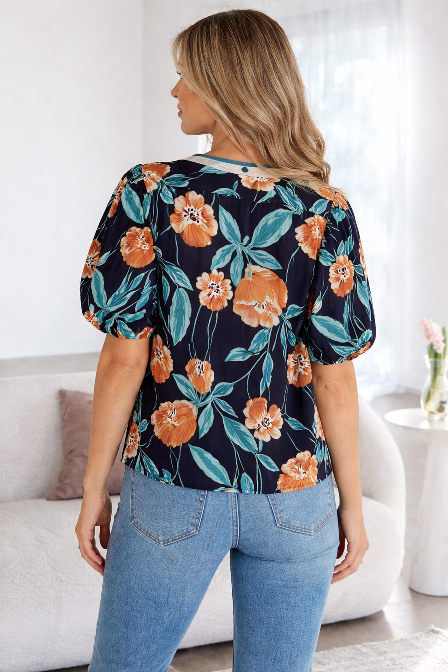 Ila Bubble Sleeve Notched Blouse-1