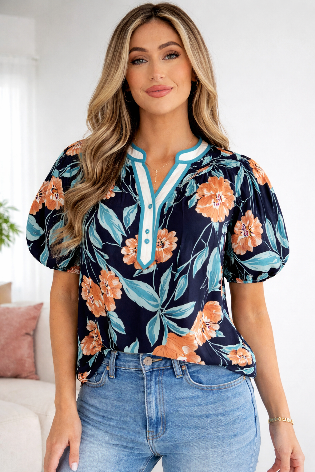 Ila Bubble Sleeve Notched Blouse-4