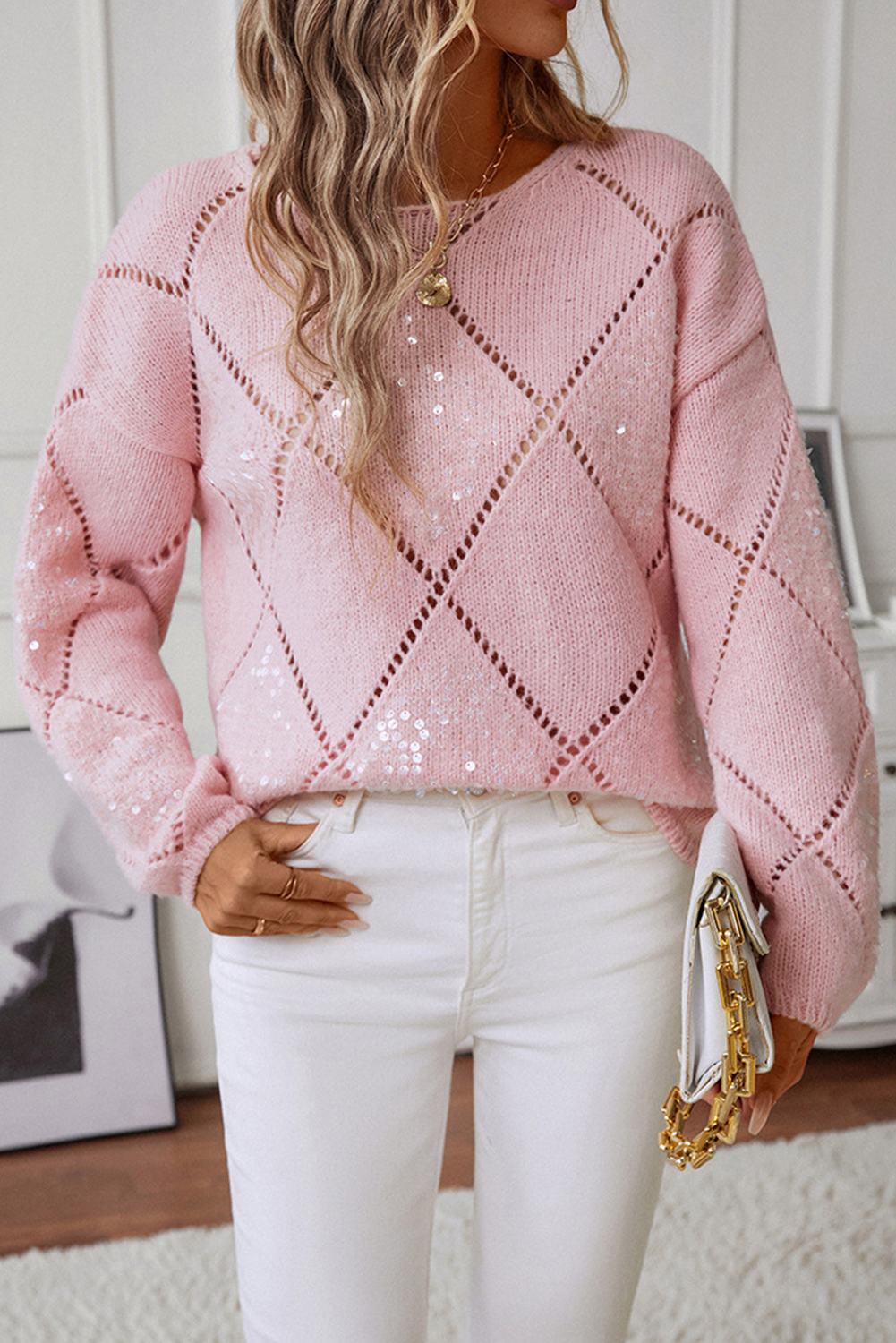 Light Pink Hollowed Rhombus Pattern Sequin Detail Round Neck Sweater