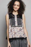 POL Printed Woven Lace Back Round Neck Sleeveless Top-0
