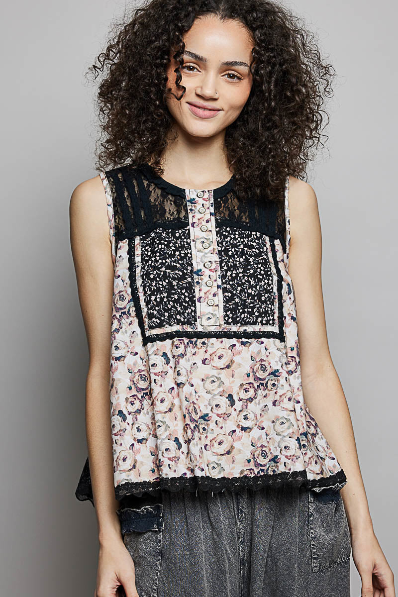 POL Printed Woven Lace Back Round Neck Sleeveless Top-0
