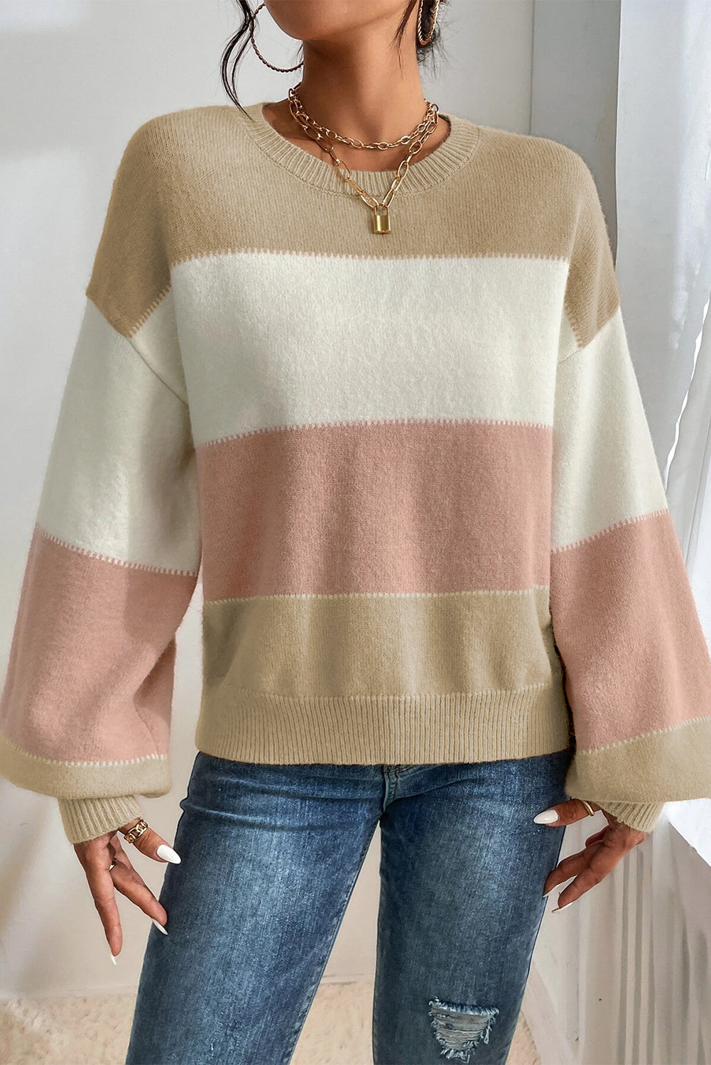 Dusty Pink Color Block Lantern Sleeve Drop Shoulder Sweater