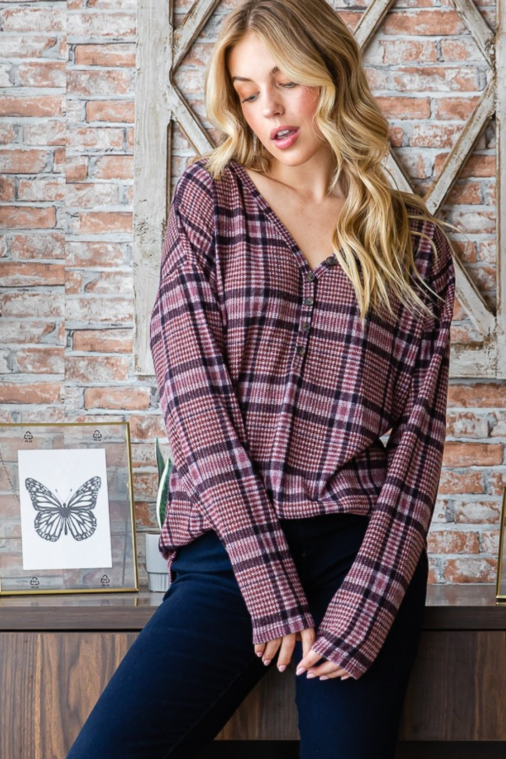 Heimish Full Size Plaid V-Neck Long Sleeve Top-4