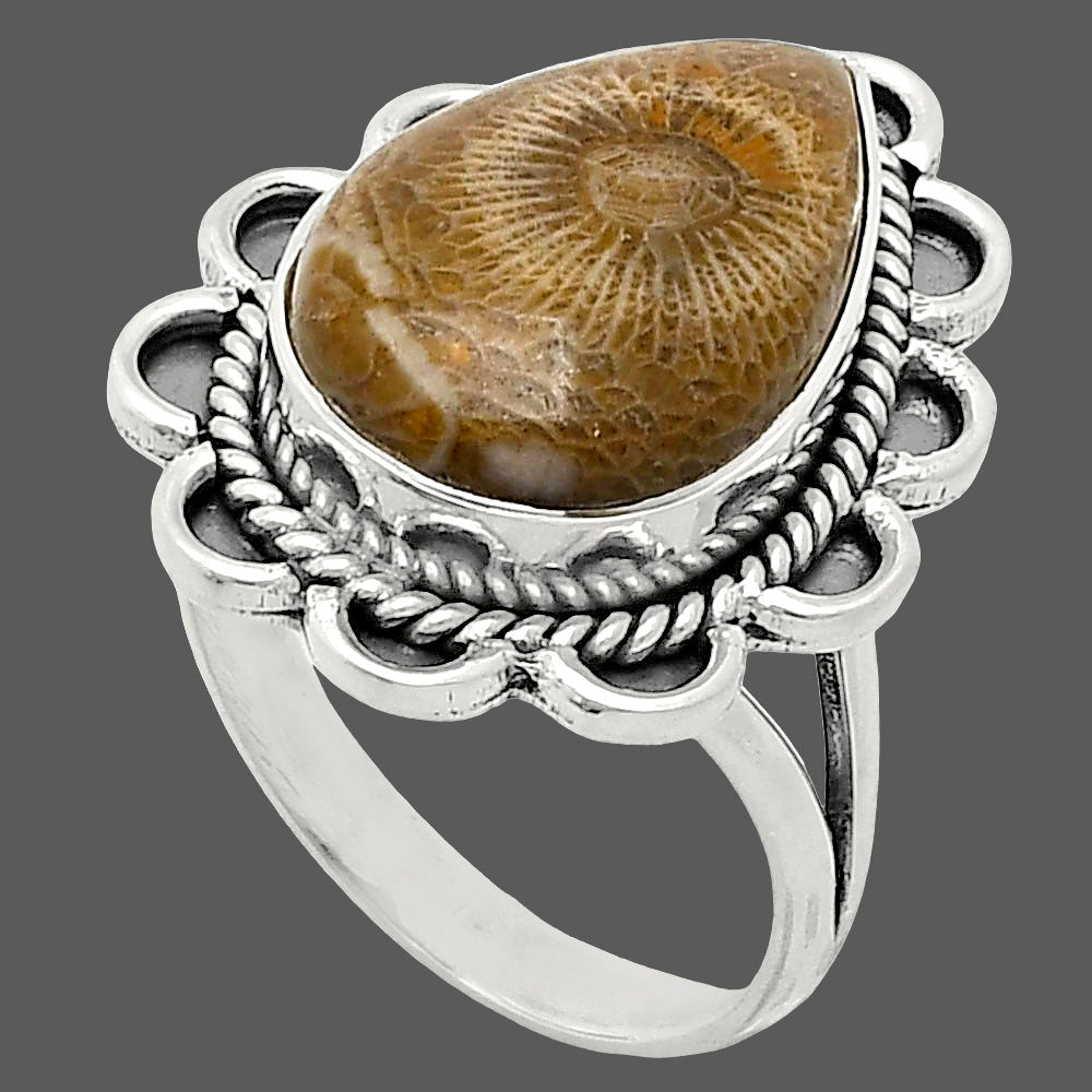 Premium Quality Flower Fossil Coral Ring size-9 R-1221 52-ER14189-2