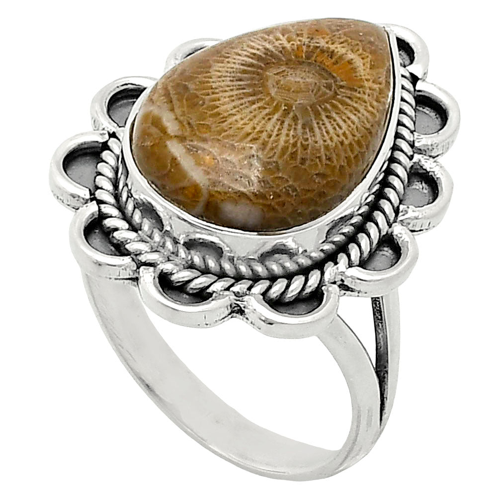 Premium Quality Flower Fossil Coral Ring size-9 R-1221 52-ER14189-1