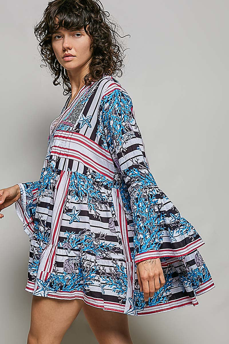 POL Striped Floral Long Sleeve Mini Dress with Pintuck Detail-3