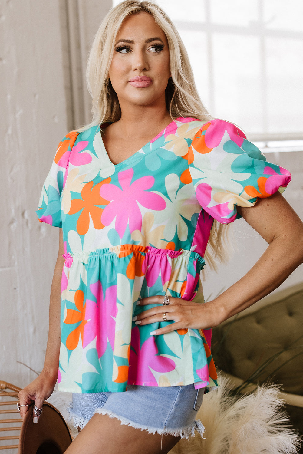 Kathryn Bubble Sleeve Peplum Blouse-2
