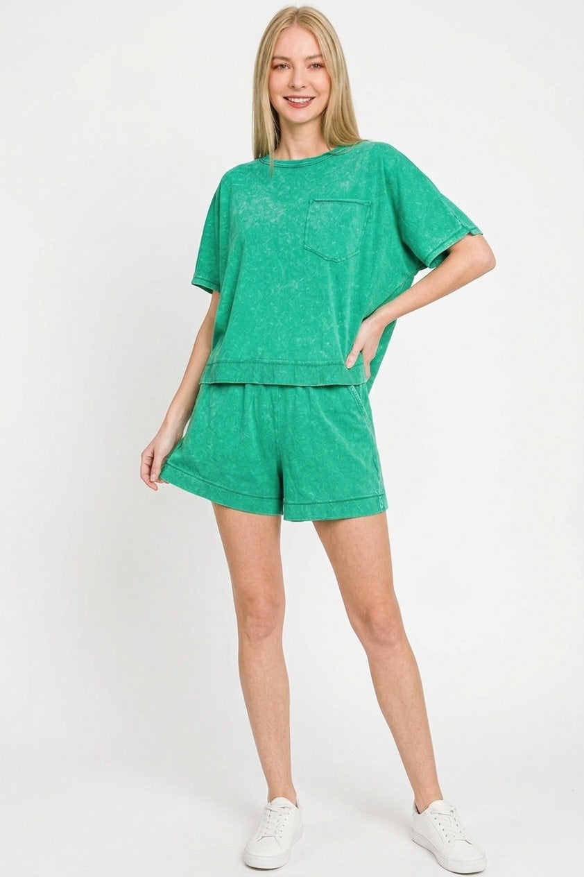 Zenana Acid Washed Oversized Top & Shorts Set-2