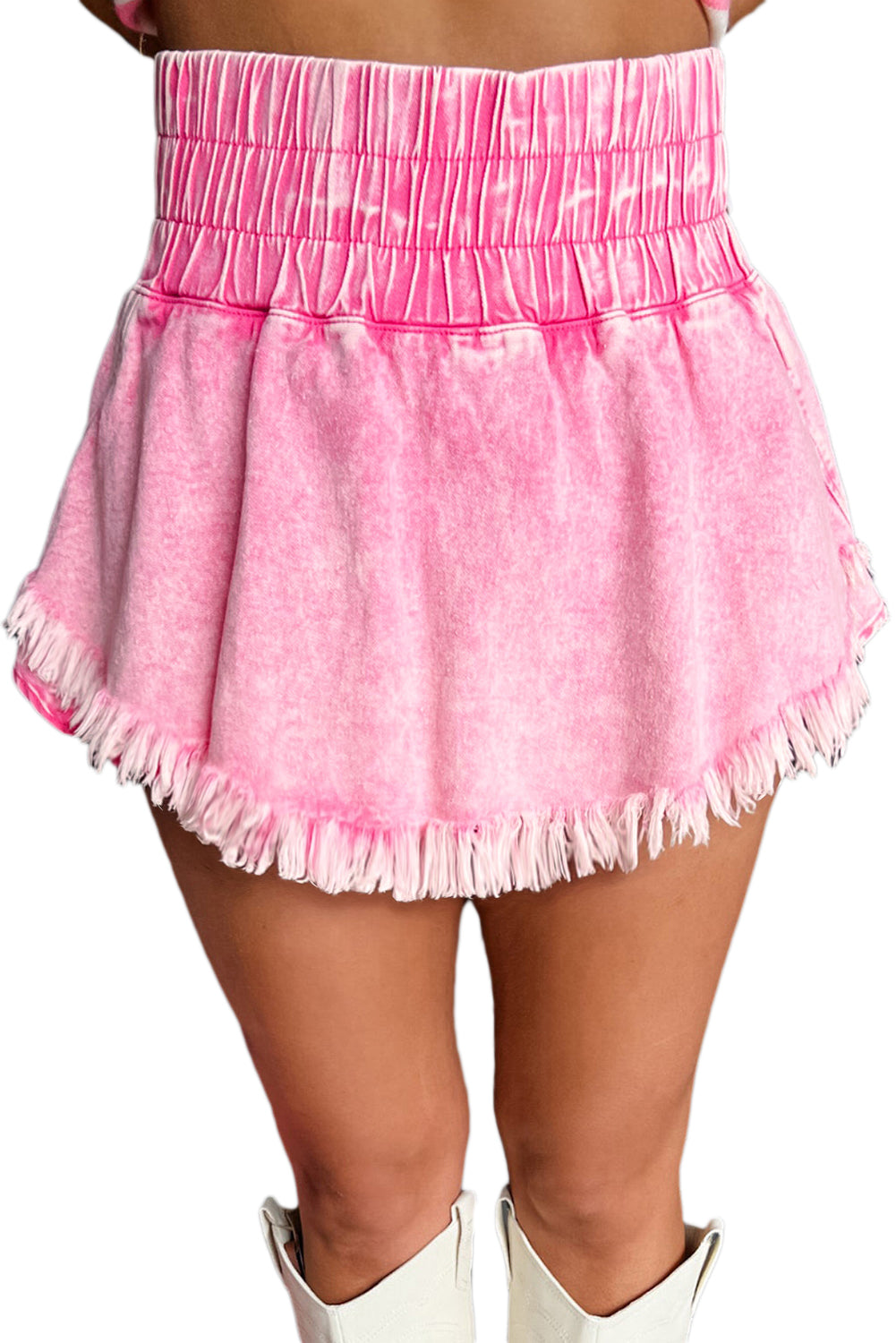 Pink Washed Wide Smocked Waistband Frayed Denim Shorts