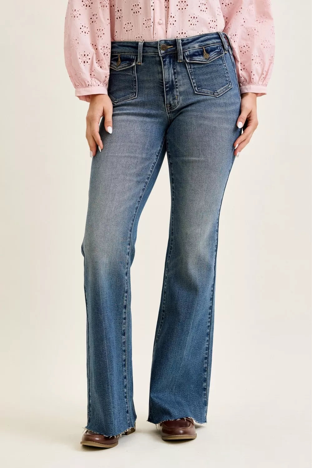 Judy Blue Mid Rise Flare Jeans with Front Flap Pockets-0