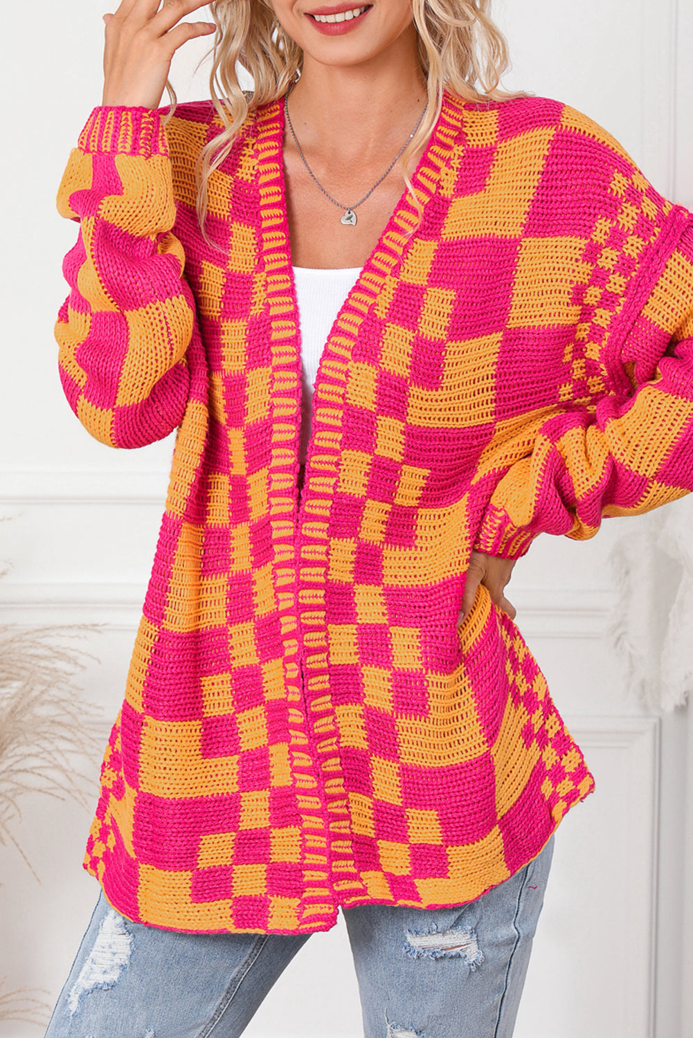 Multicolor Open Front Mixed Checkered Pattern Knit Cardigan