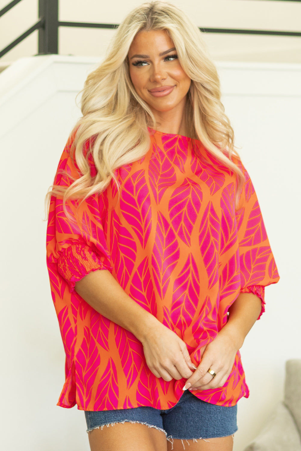 Rose Tropical Leaf Print Smocked Puff Sleeve Blouse