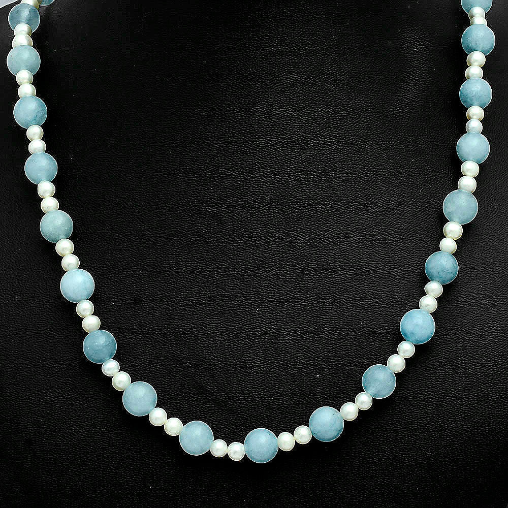 Premium Quality Aquamarine - Brazil & Pearl Beaded Necklace N-1025 58-EN10190-1
