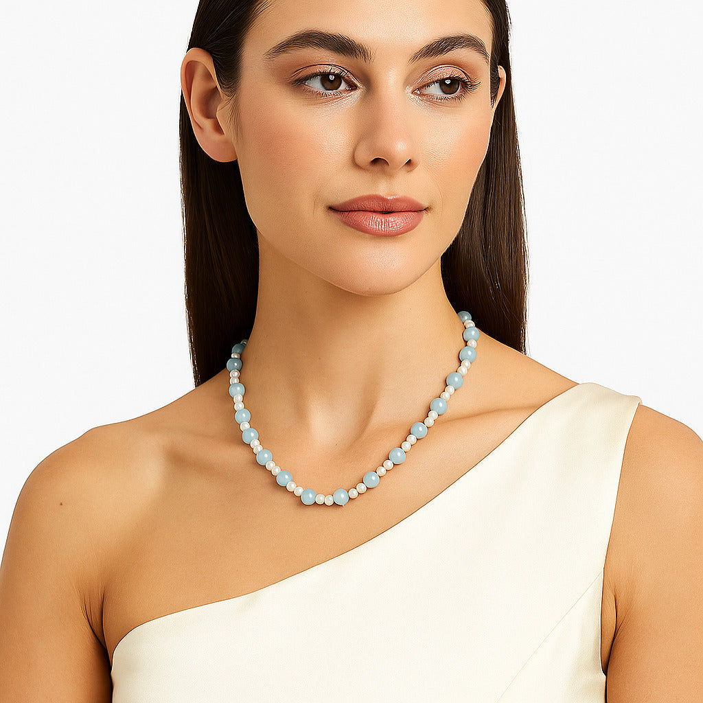 Premium Quality Aquamarine - Brazil & Pearl Beaded Necklace N-1025 58-EN10190-0