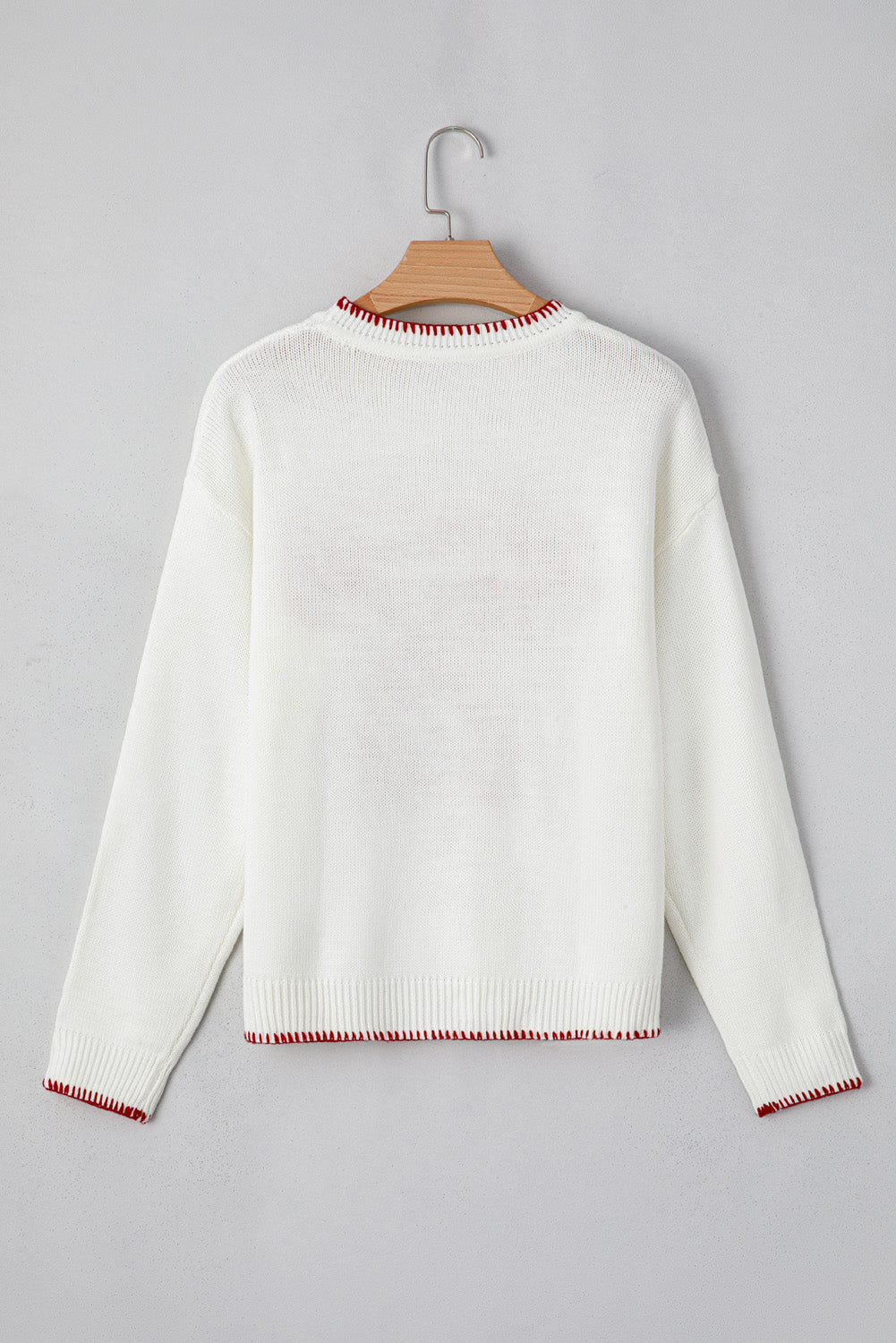 White Bow Pattern Contrast Trim Christmas Loose Graphic Sweater