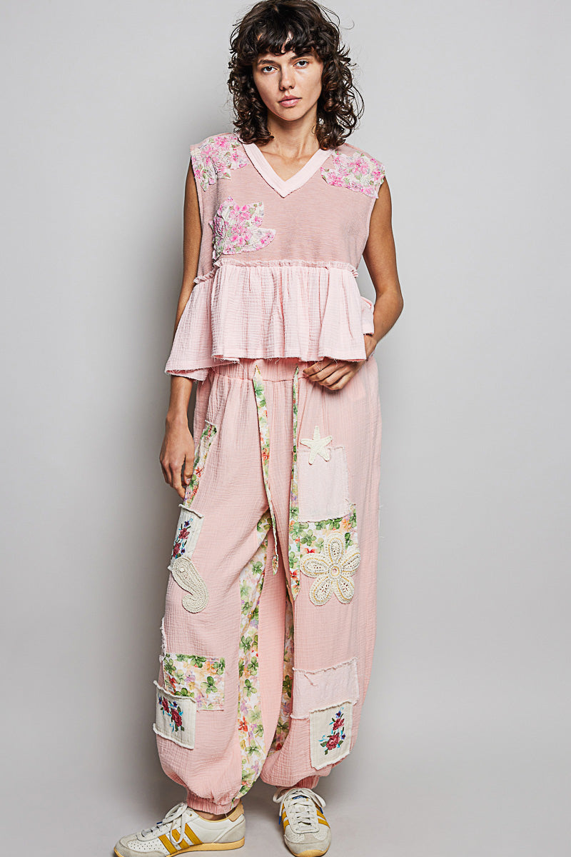 POL Floral Patch Ruffled Sleeveless Top with Raw Edge Detail-4