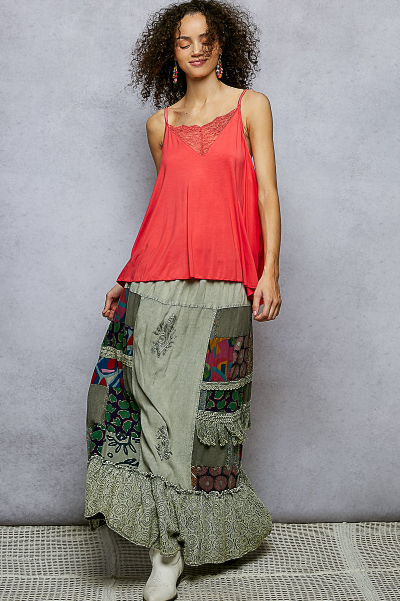 POL Printed Patchwork Embroidered Ruffled Skirt-4