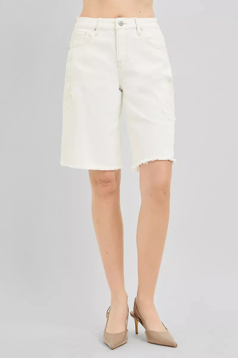 RISEN Slouchy Relaxed Floral Embroidered Bermuda Denim Shorts-4