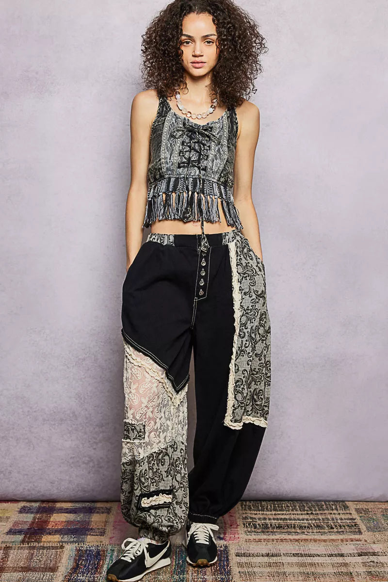 POL Lace-Up Fringe Hem Tank with Lace Detail-4