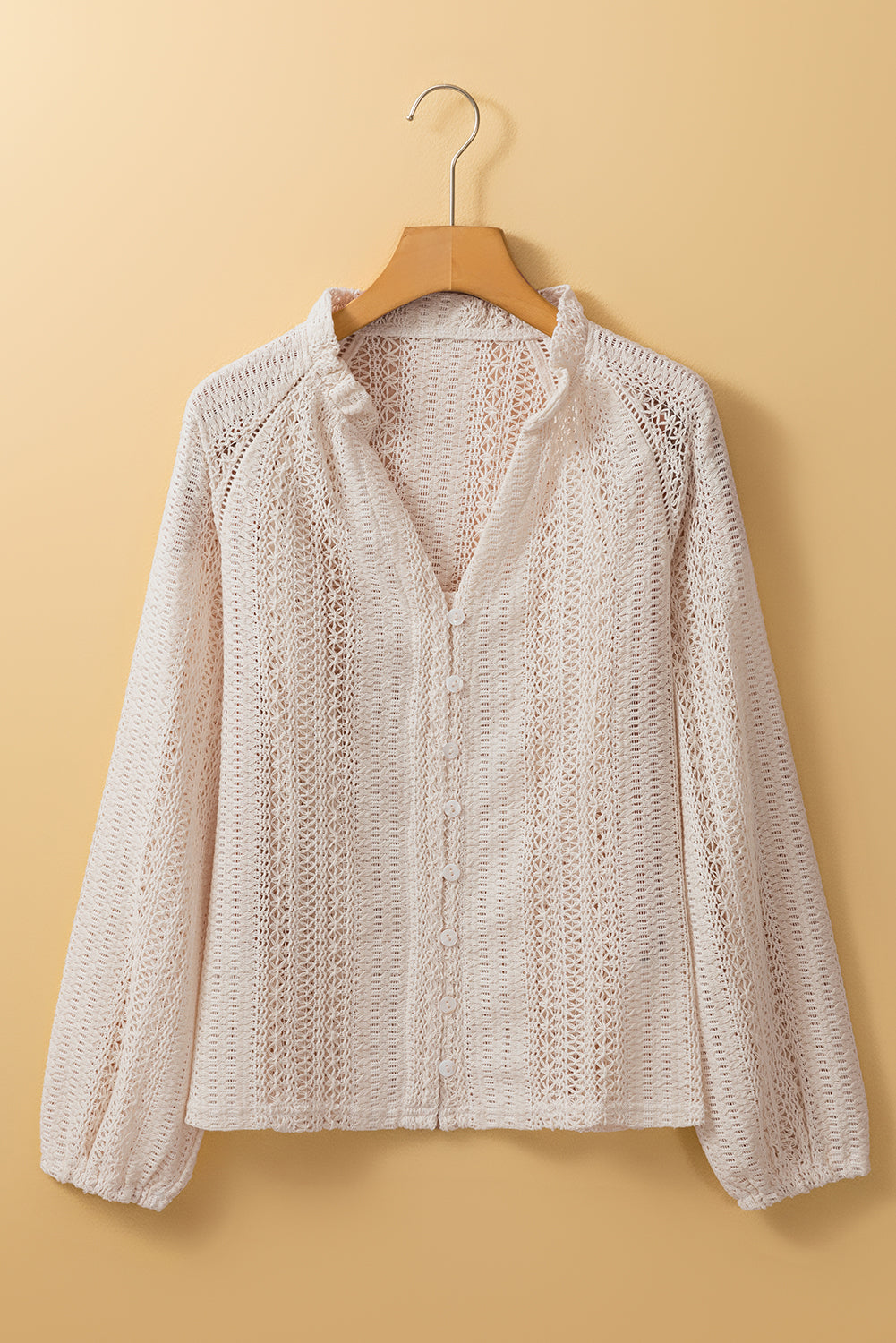 White Lace Hollow out Puff Sleeve Button up Shirt