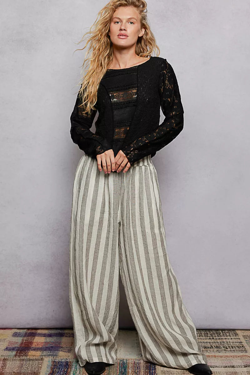 POL Round Neck Long Sleeve Exposed Seam Top with Lace Detail-4