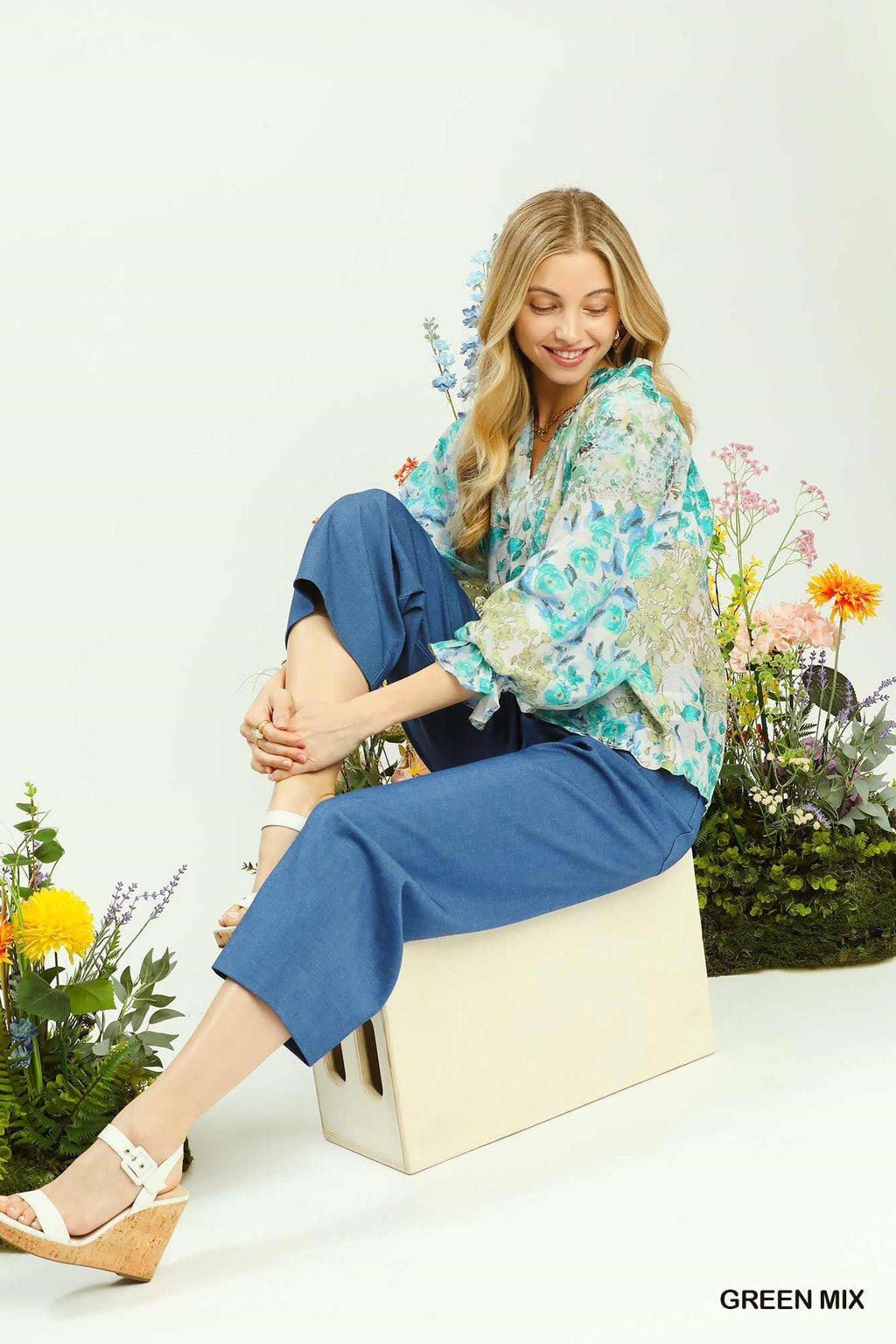 Umgee Watercolor Floral Blouse with Flounce Sleeve-3