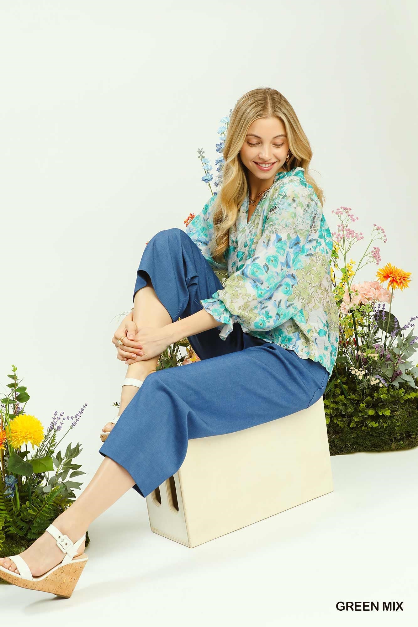 Umgee Watercolor Floral Blouse with Flounce Sleeve-3