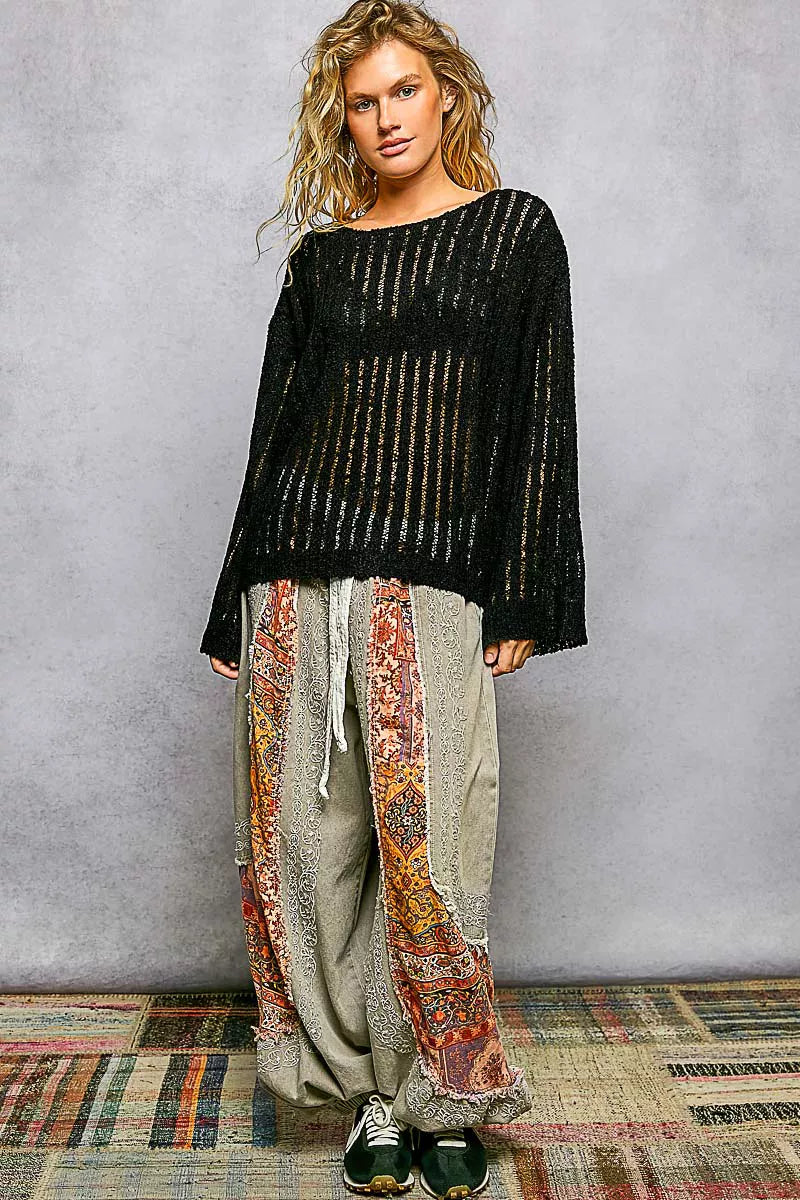 POL Round Neck Long Sleeve Open Weave Sweater-4
