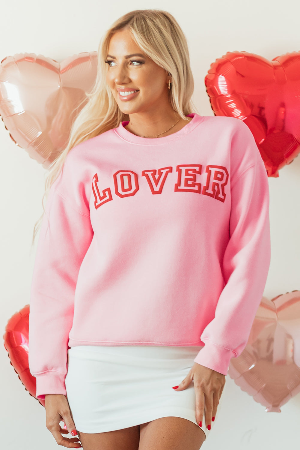 Pink LOVER Puff Print Drop Shoulder Pullover Sweatshirt