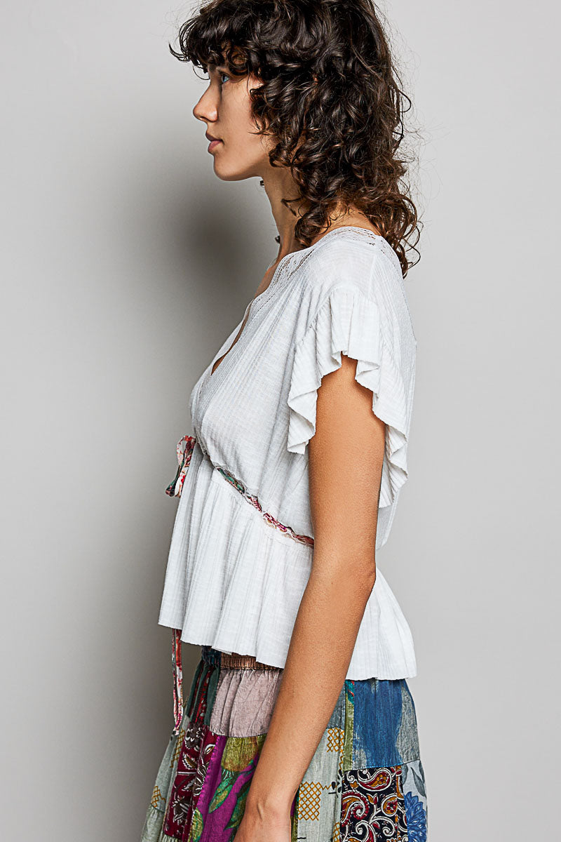 POL Tied Ruffled V-Neck Short Sleeve Blouse with Lace Detail-2