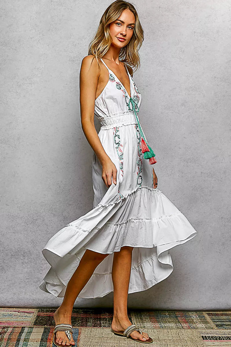 POL Embroidered Detail Tassel Tie Smocked Waist Midi Tiered Cami Dress-3