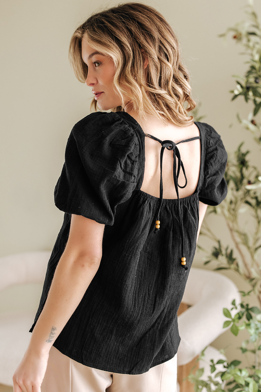 DAVINA CROCHET SQUARE NECK TEXTURED SHORT SLEEVE BLOUSE-2