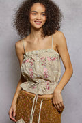 POL Button Down Floral Embroidered Cropped Cami with Lace Detail-0