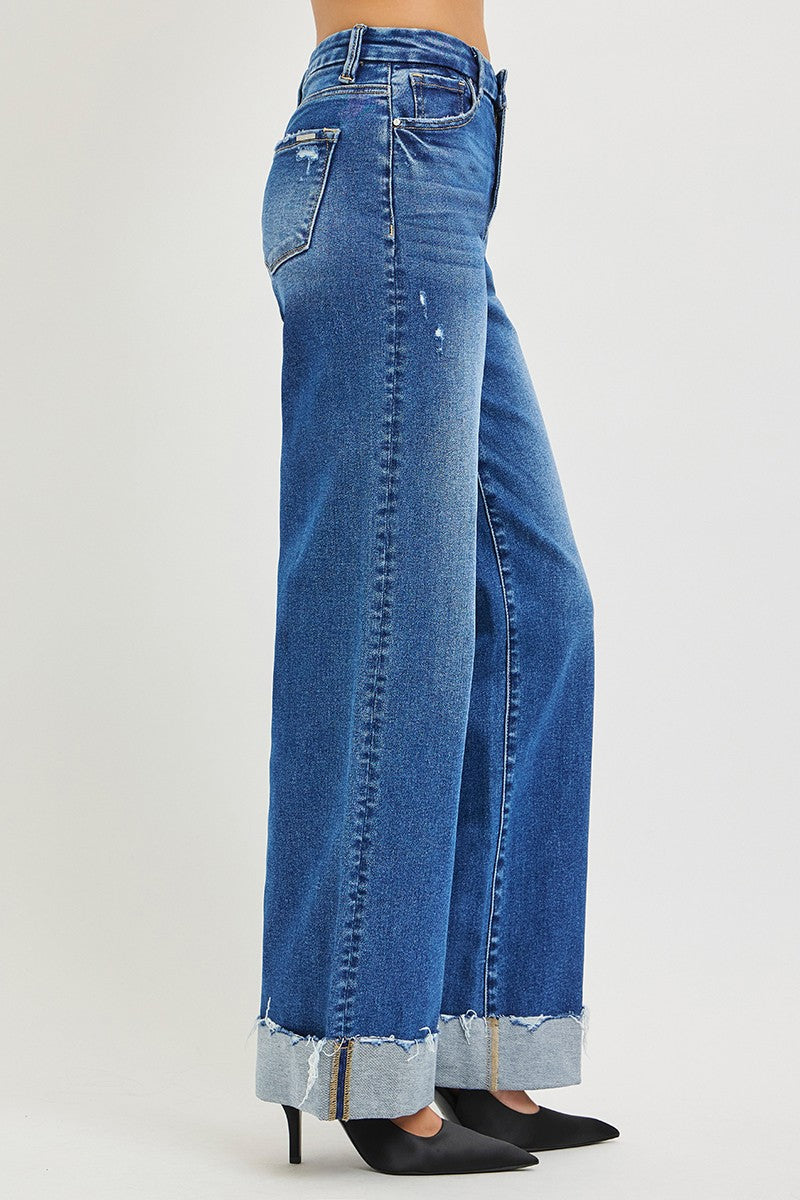 RISEN High Rise Wide Leg Jeans With Cuffed Hem-3